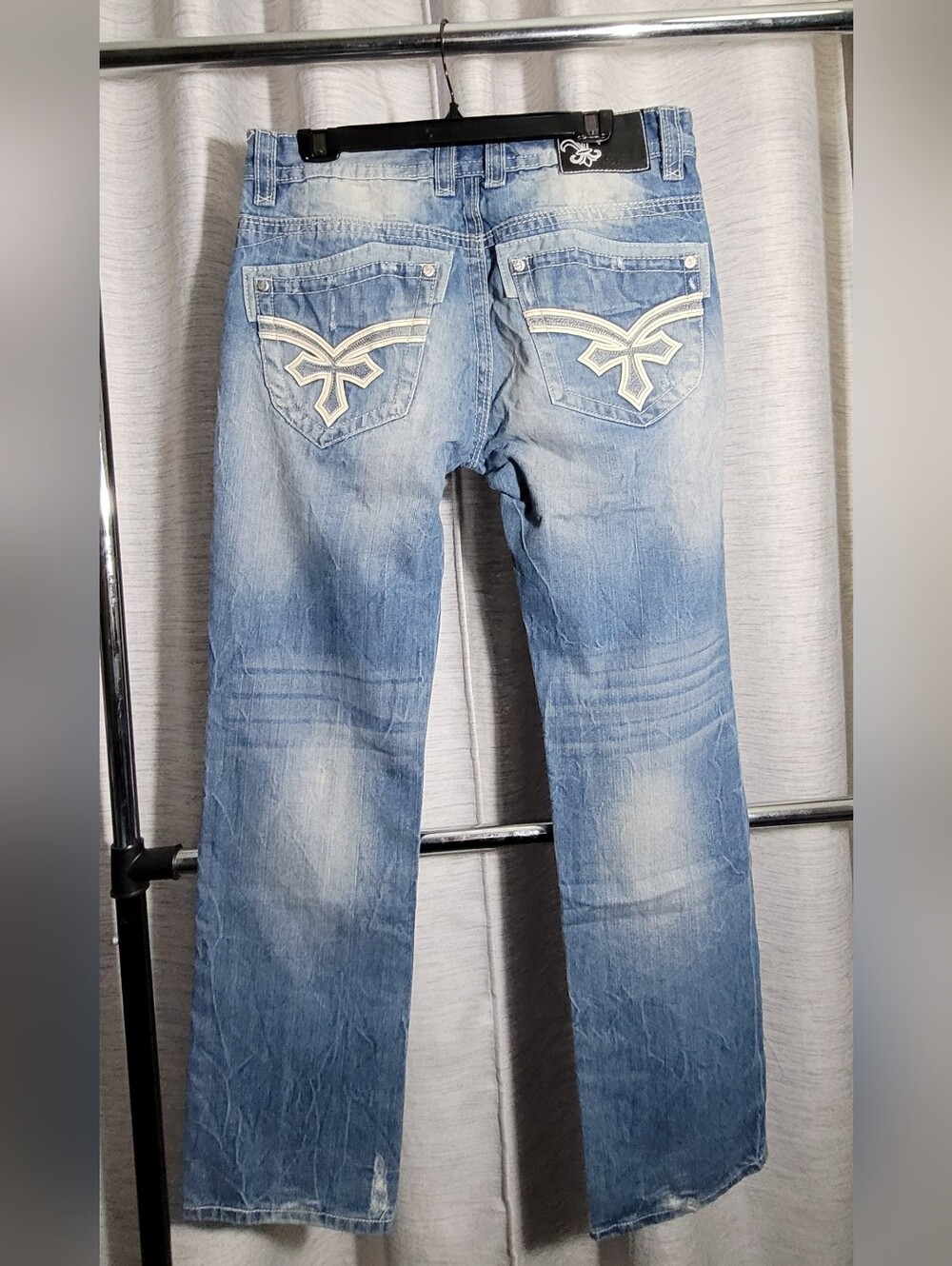Urban Heritage Men's Light Blue Bootcut Jeans with Cream Pocket Embroidery 34x34